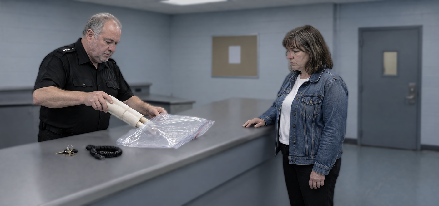 Custody officer bagging belongings for a woman arrested at a protest