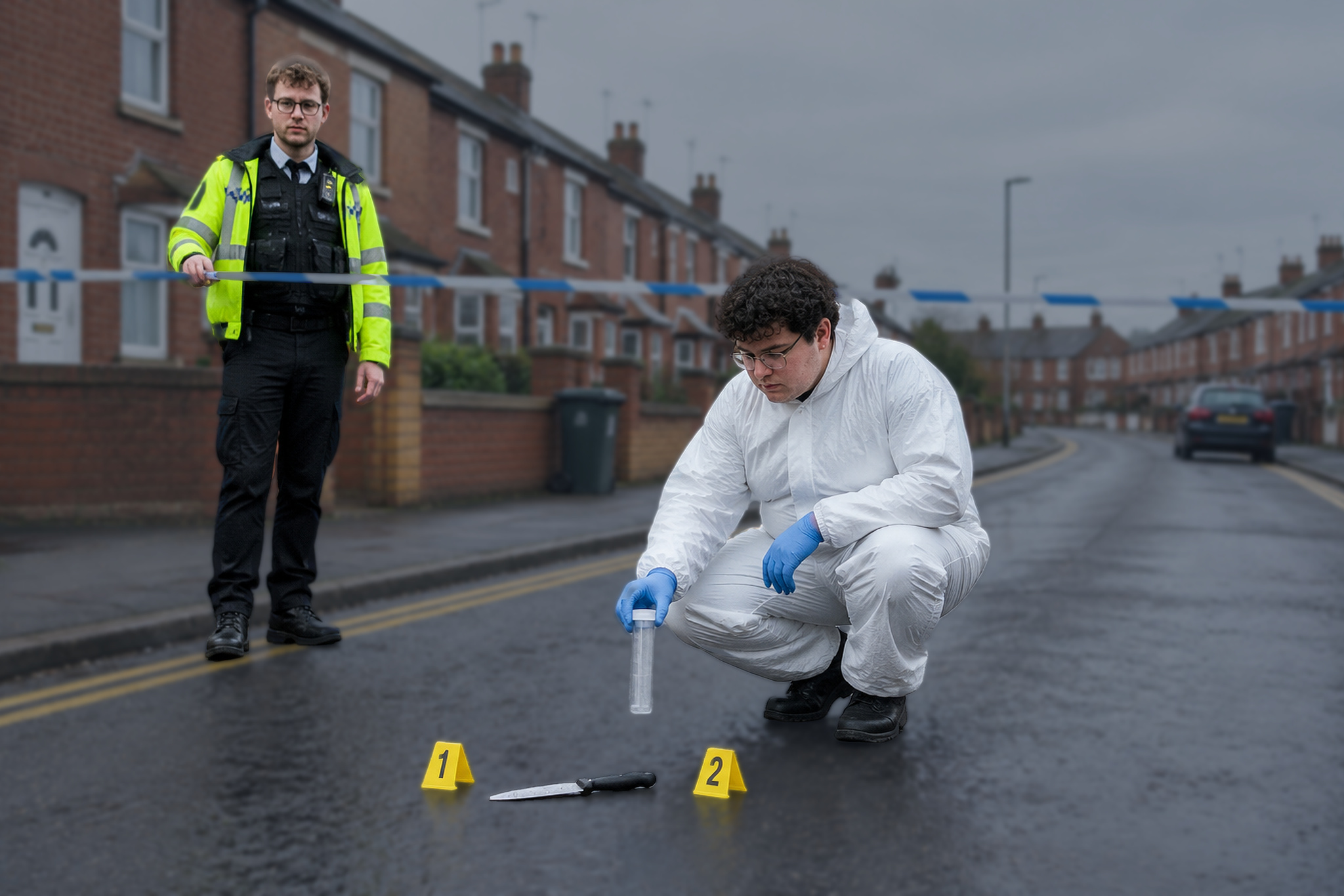 Forensic officer recovering a knife at scene during an attempted murder investigation