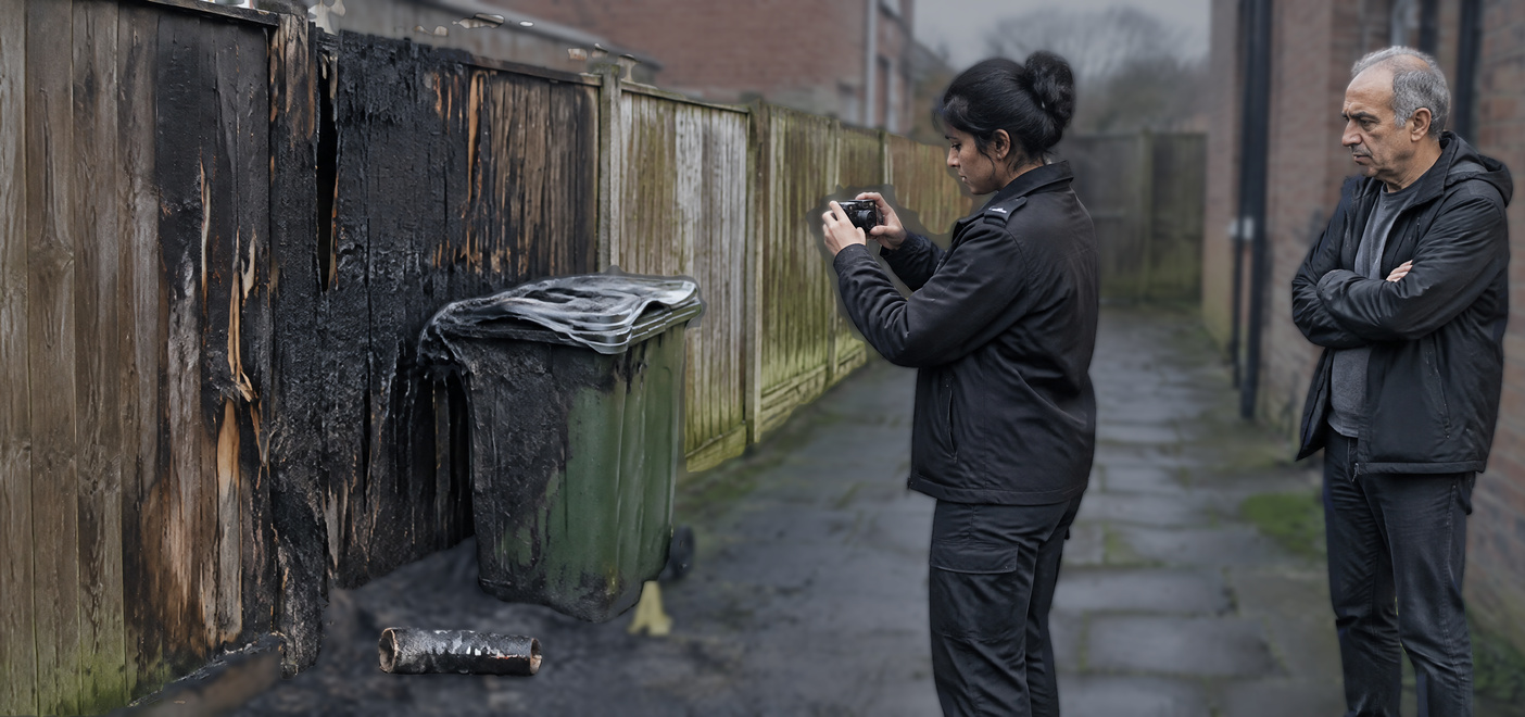 Officer photographing a burnt fence after Bonfire night firework damage