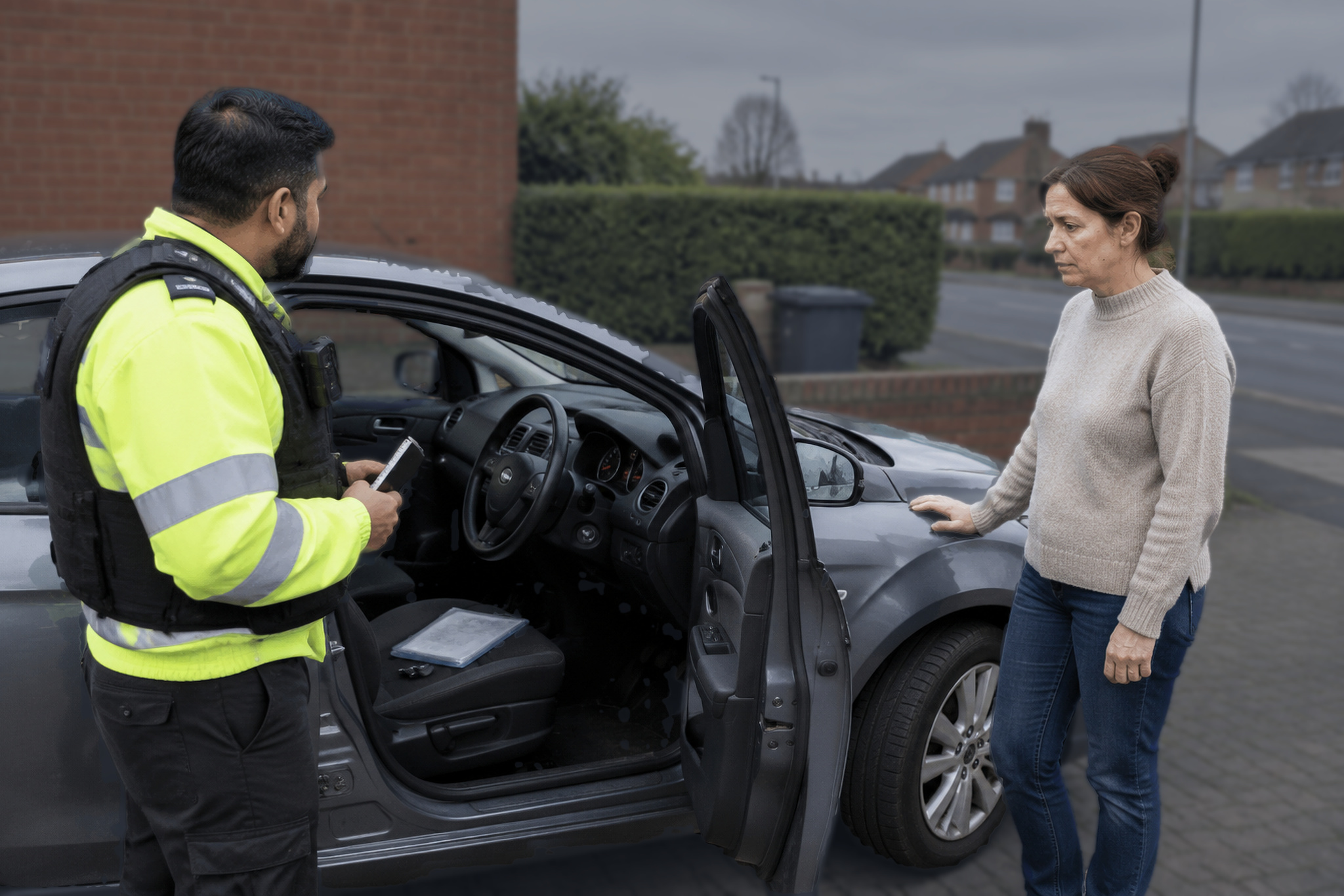 Officer taking notes beside a car while questioning a woman about Car Fraud