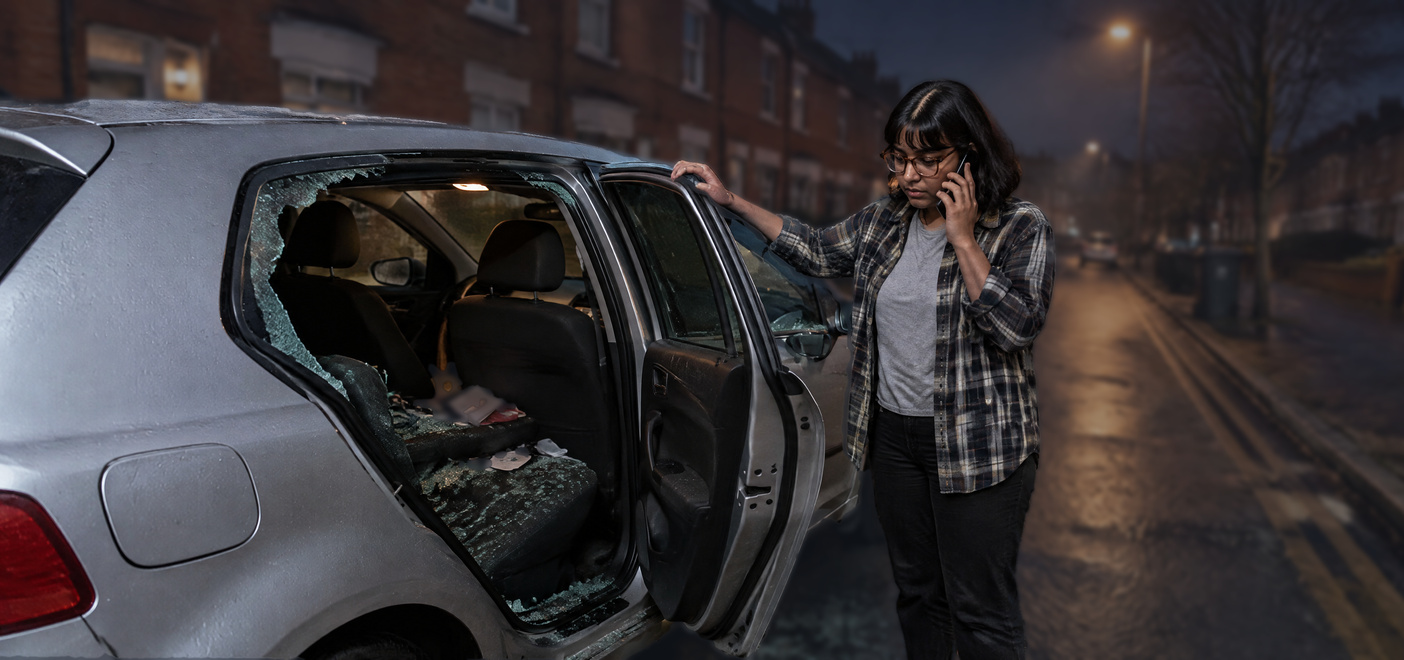 Woman phoning police beside a car with a smashed window during darker nights
