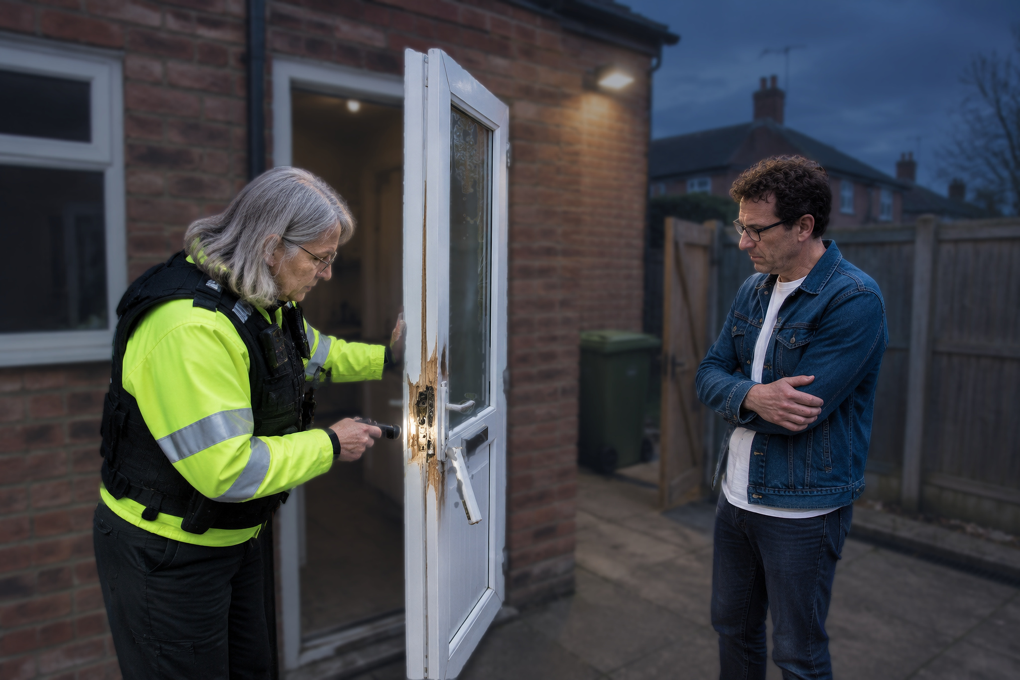 Police officer examining a damaged back door during darker nights