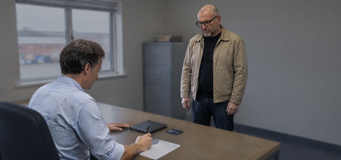 Man standing as a solicitor writes notes about director disqualification