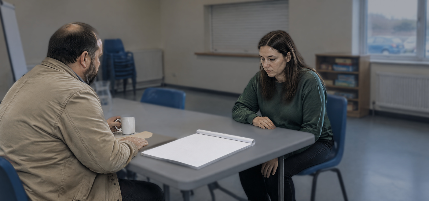Two people talking at a community centre drug possession awareness session