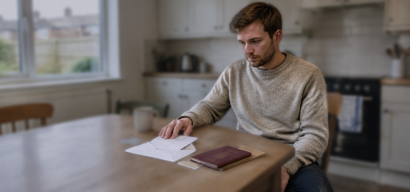Man with passport and letter, concerned about drugs and immigration status