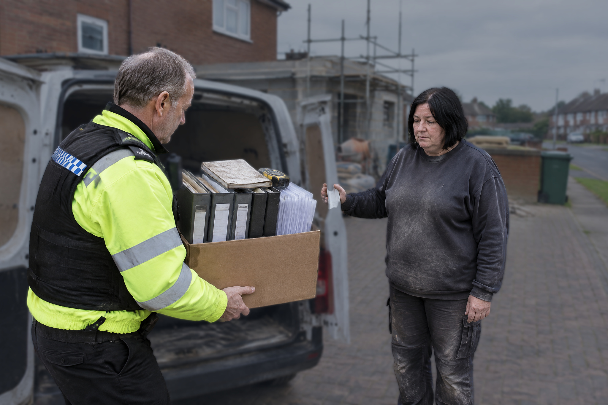 Officer seizing builder's job files during a fraud false representation investigation