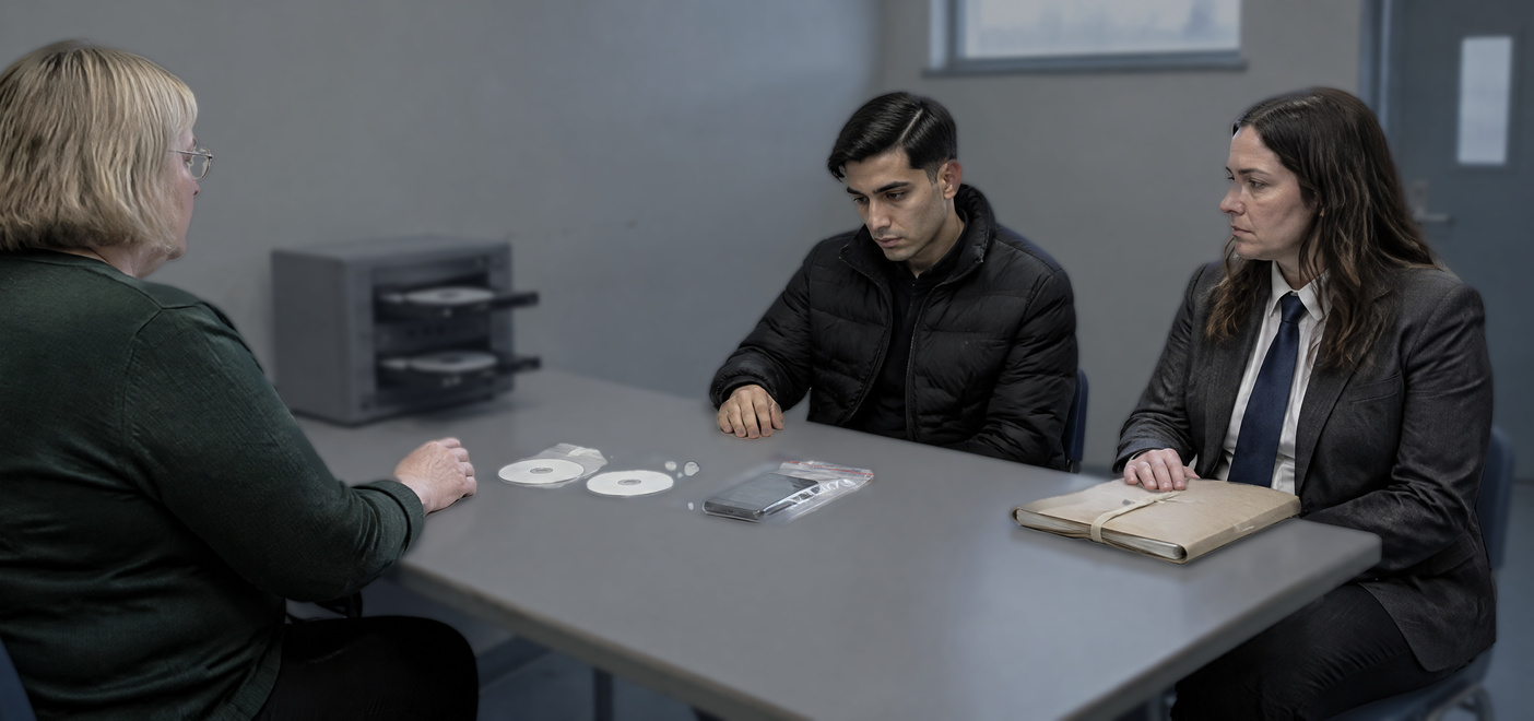 Man and solicitor in interview room facing questions about a financial promotion