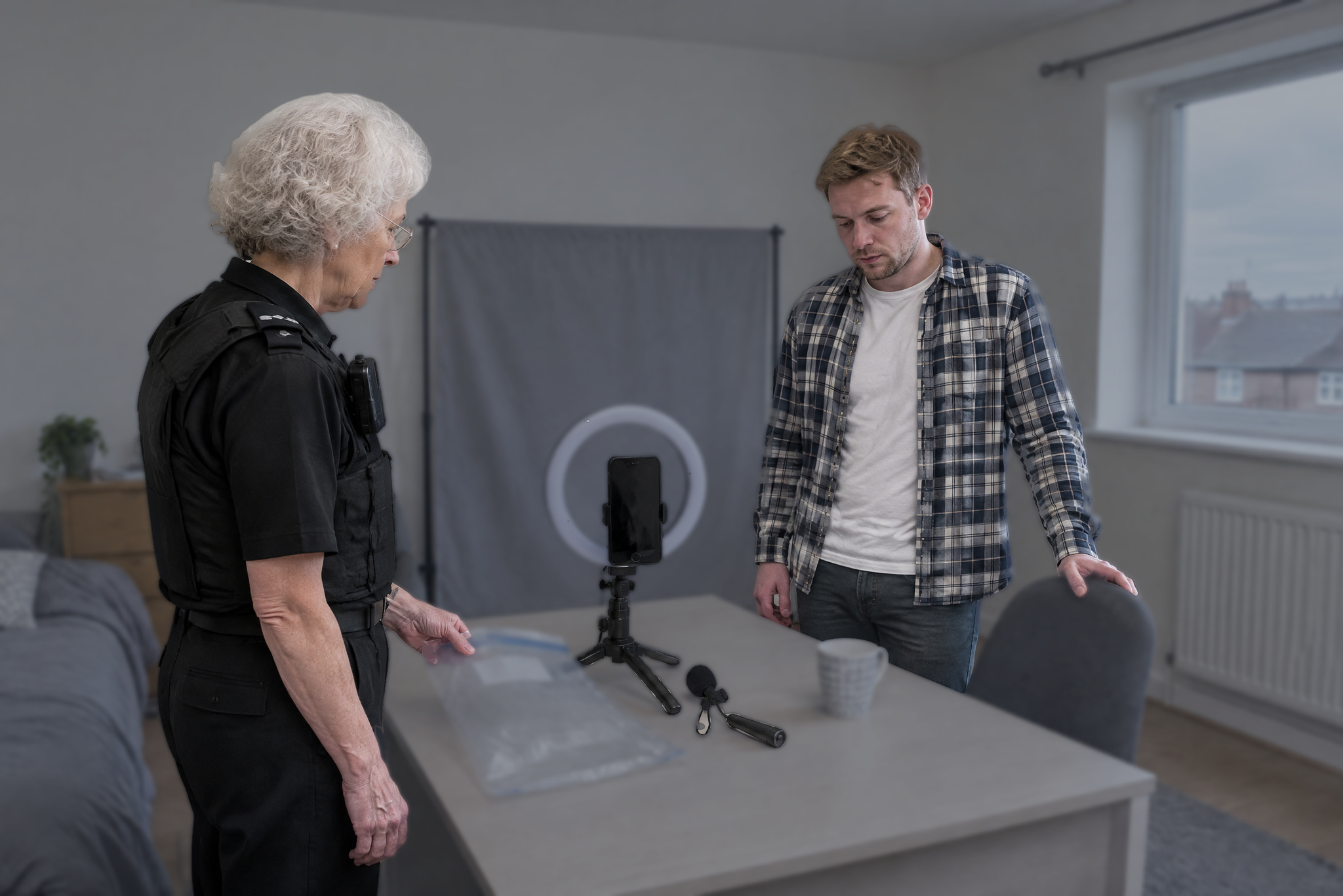 Officer seizing a phone and ring light during a financial promotion investigation