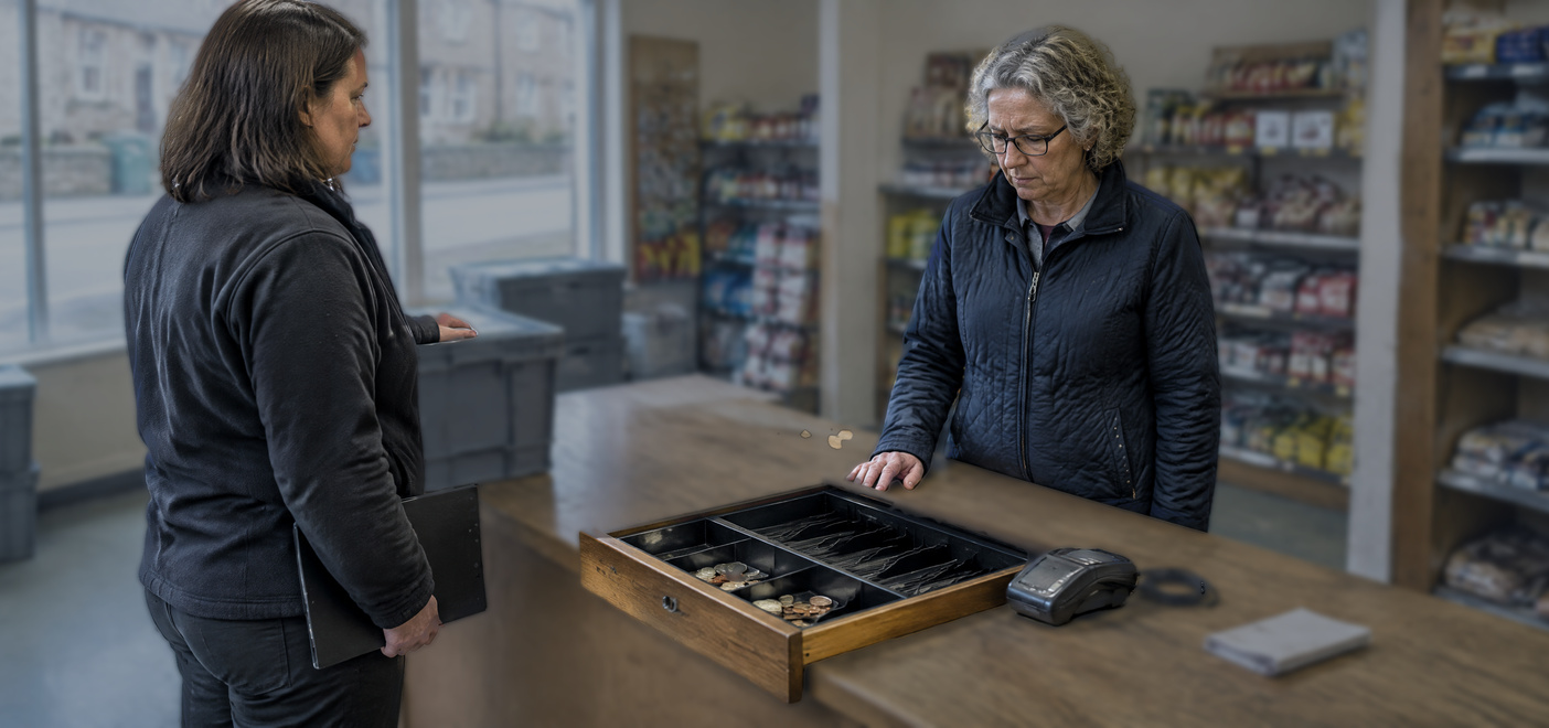 Shop owner looking at an almost empty till drawer after a frozen account