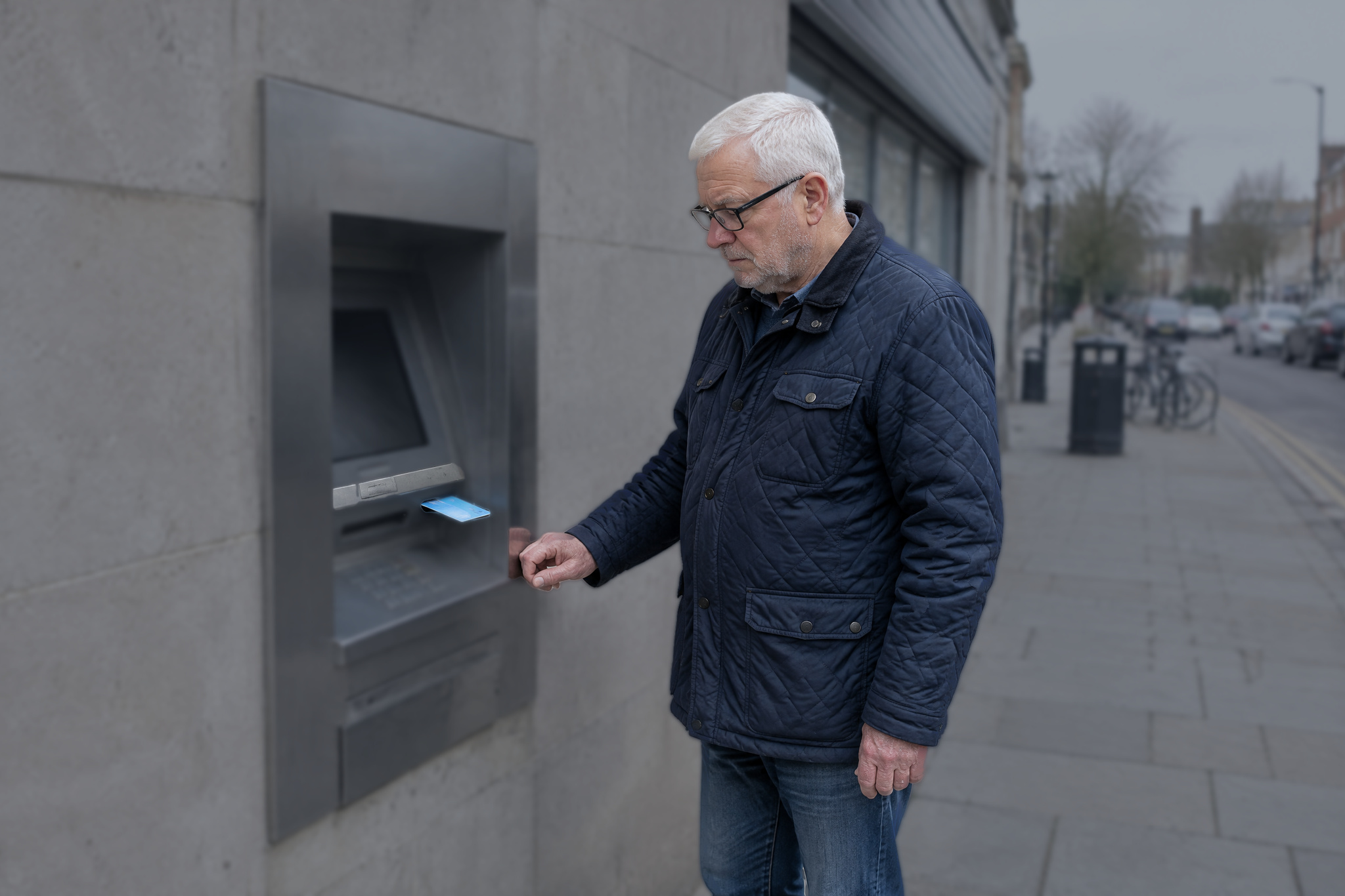 Man at a cash machine unable to withdraw money from a frozen account