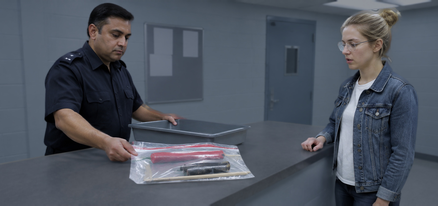 Custody officer showing bagged fireworks after Halloween offences