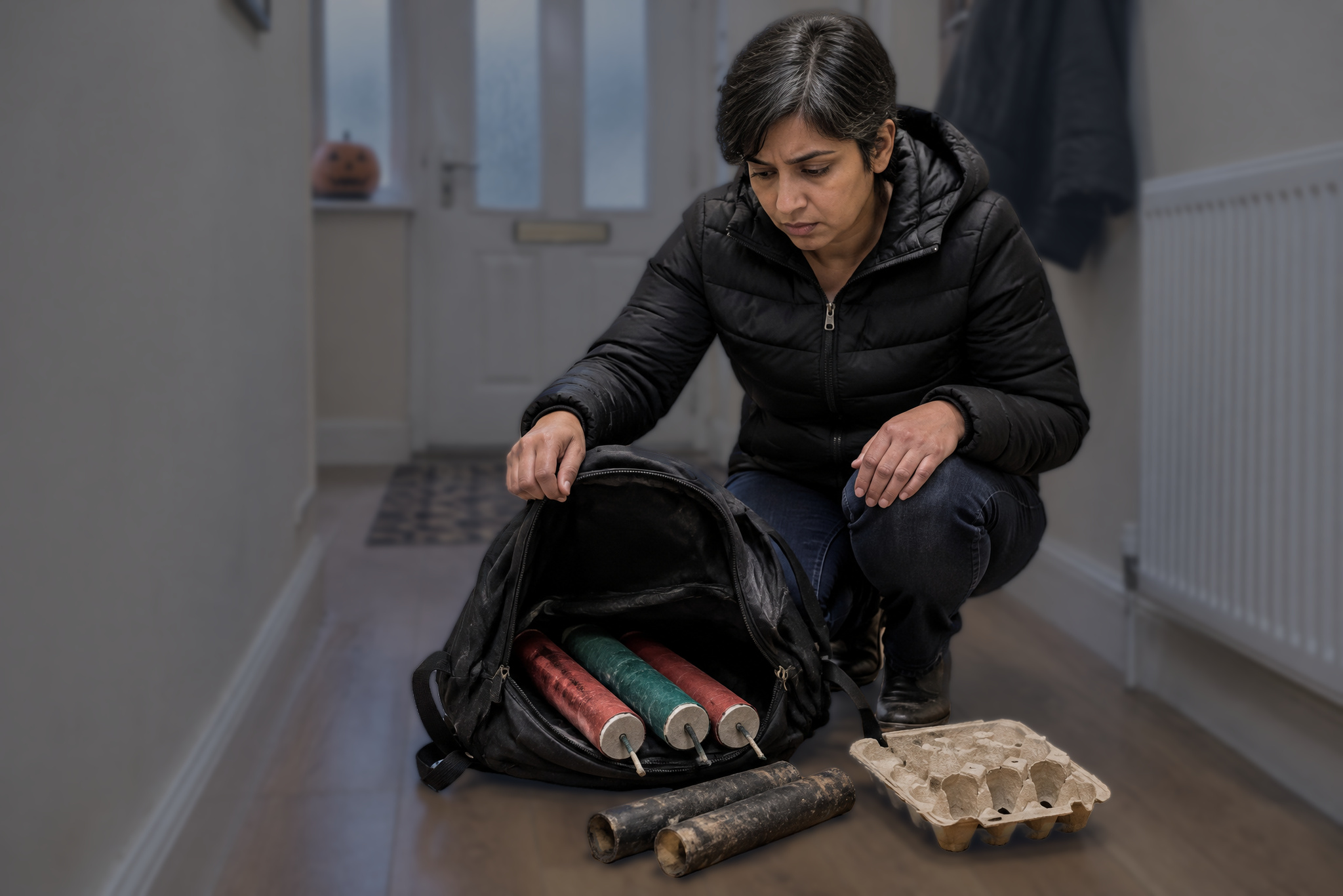 Parent finding fireworks and an egg box in a rucksack at halloween