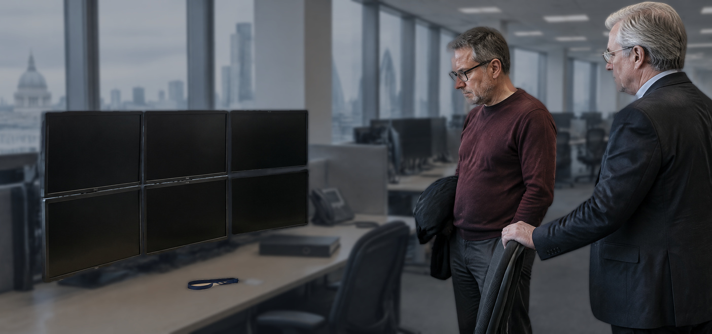 Two men beside an empty trading desk during an insider dealing investigation