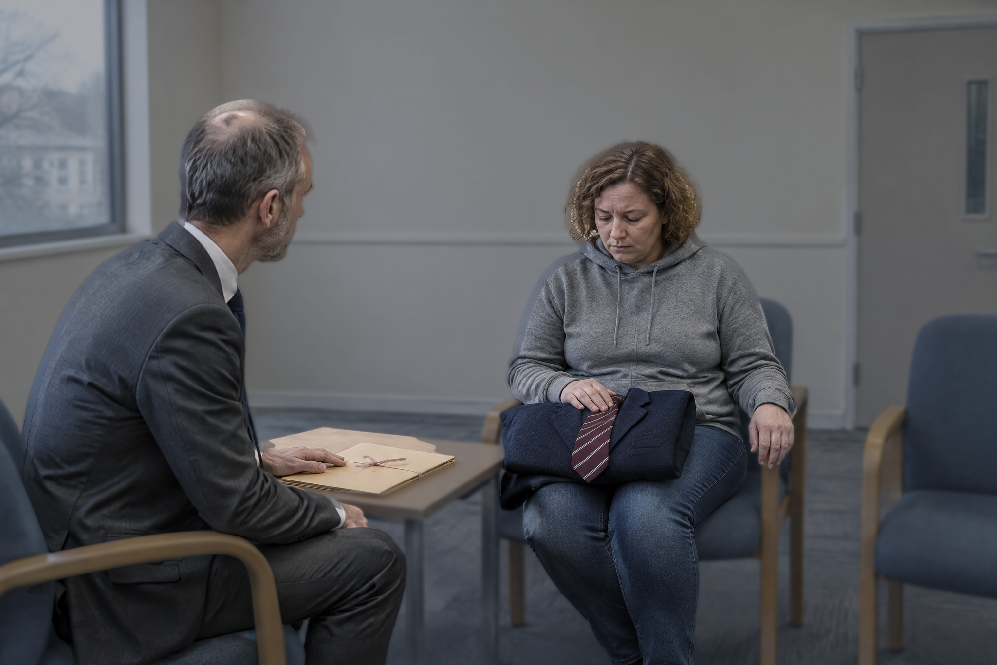 Solicitor advising a mother about joint trials with adults in a waiting room