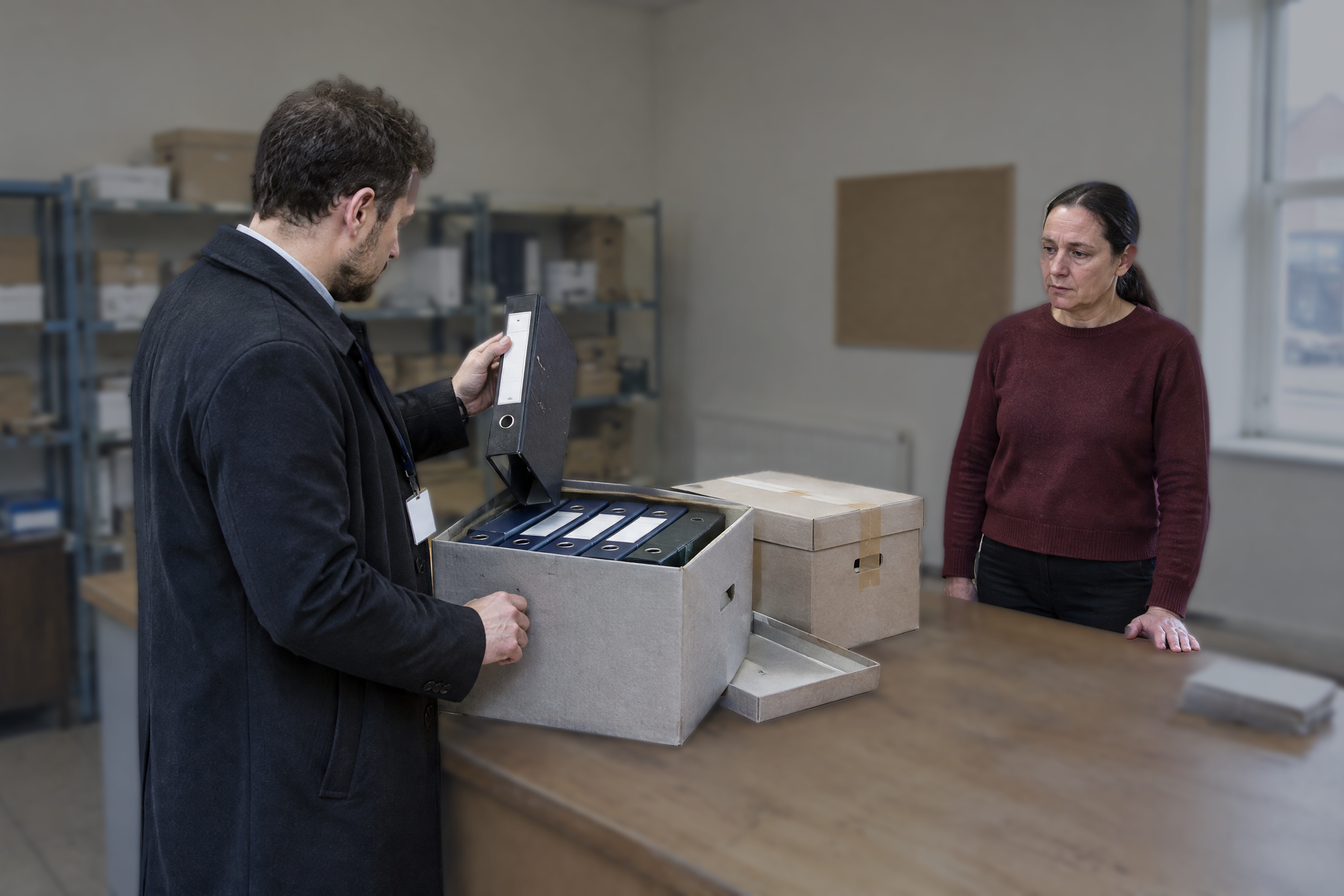 Investigator examining boxed company files as a director watches during a loan fraud inquiry