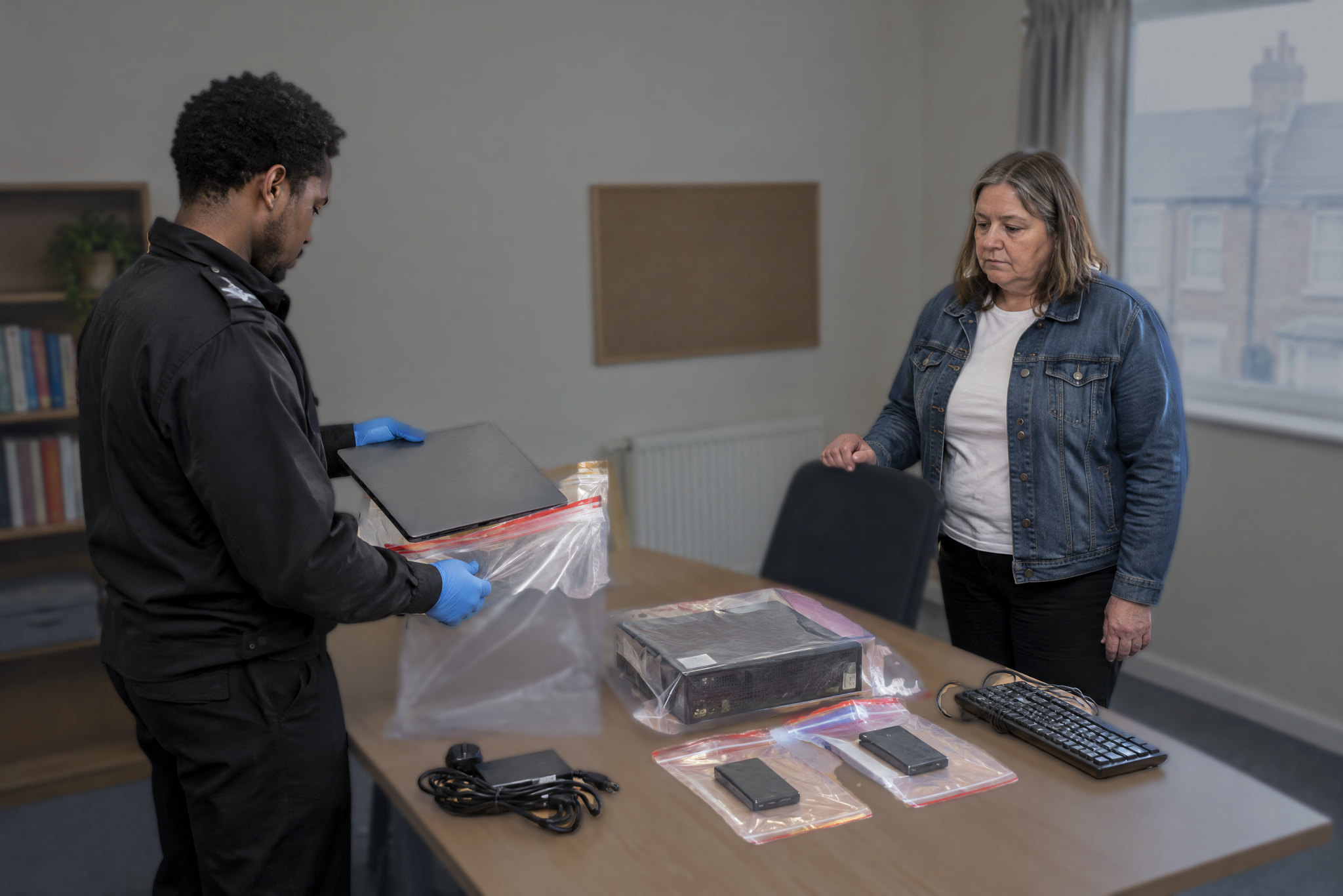 Police officer bagging devices as evidence in malware charges investigation