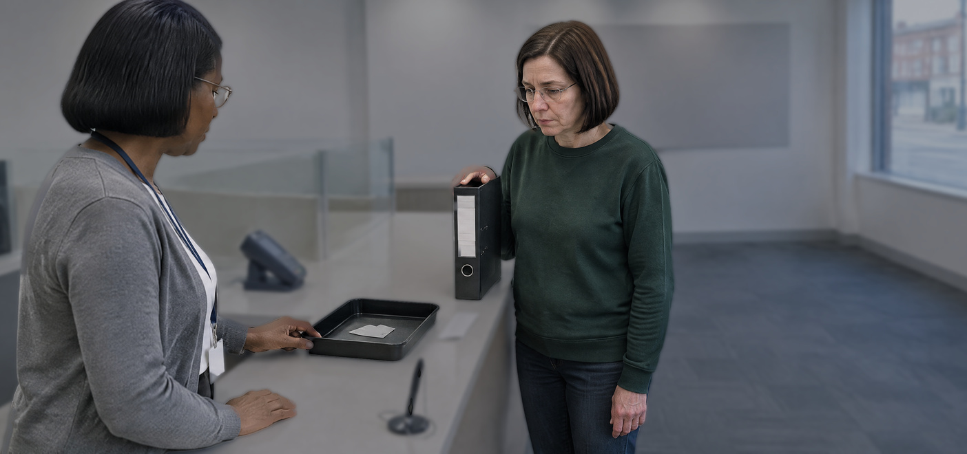 Woman with files at a bank counter discussing account transfers amid a Money fraud investigation