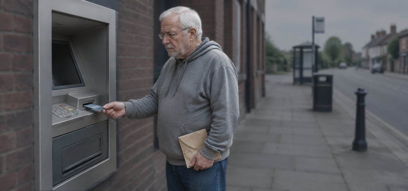 Man with an envelope using ATM during a Money laundering investigation