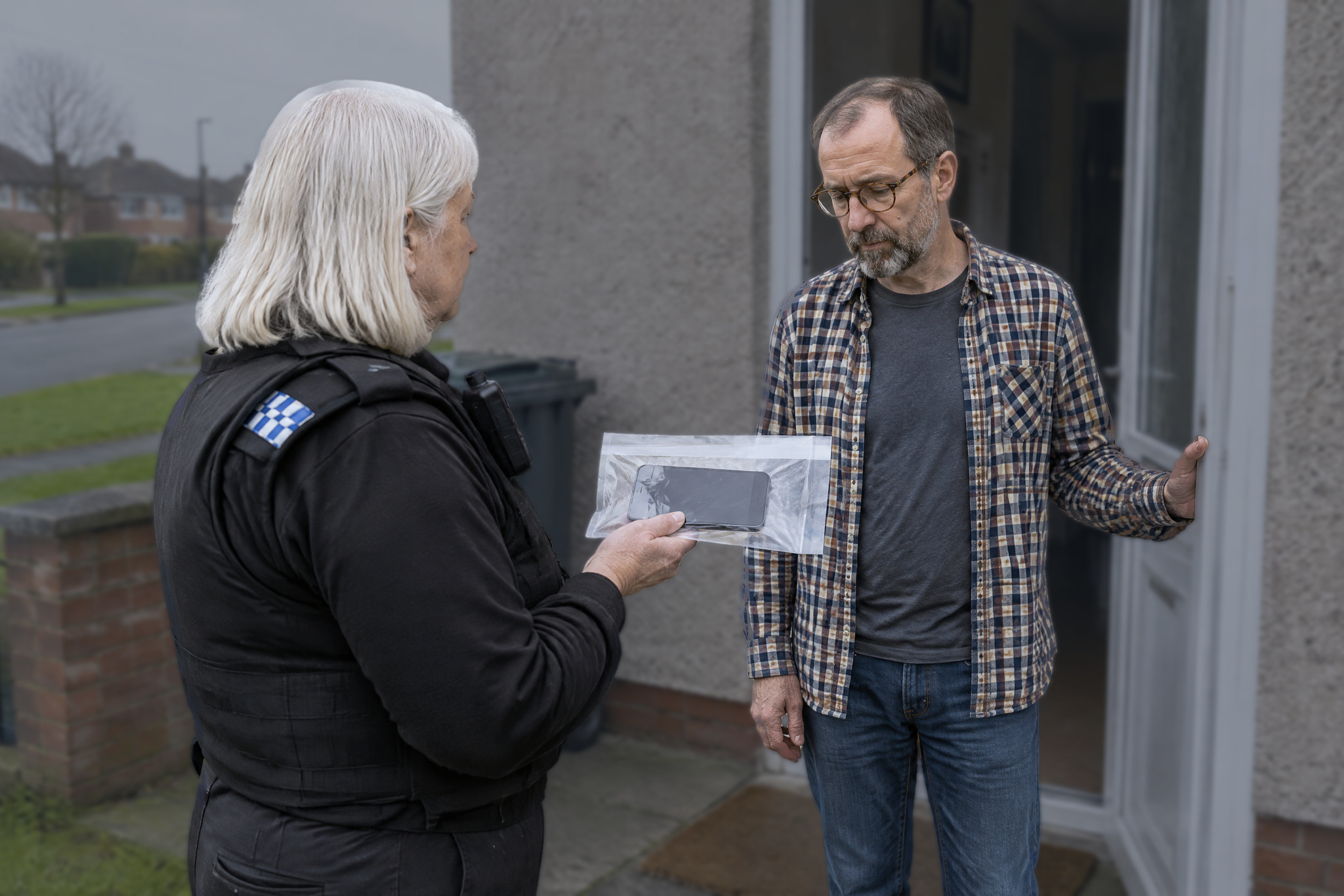 Officer showing a bagged phone to a man over a non-molestation order
