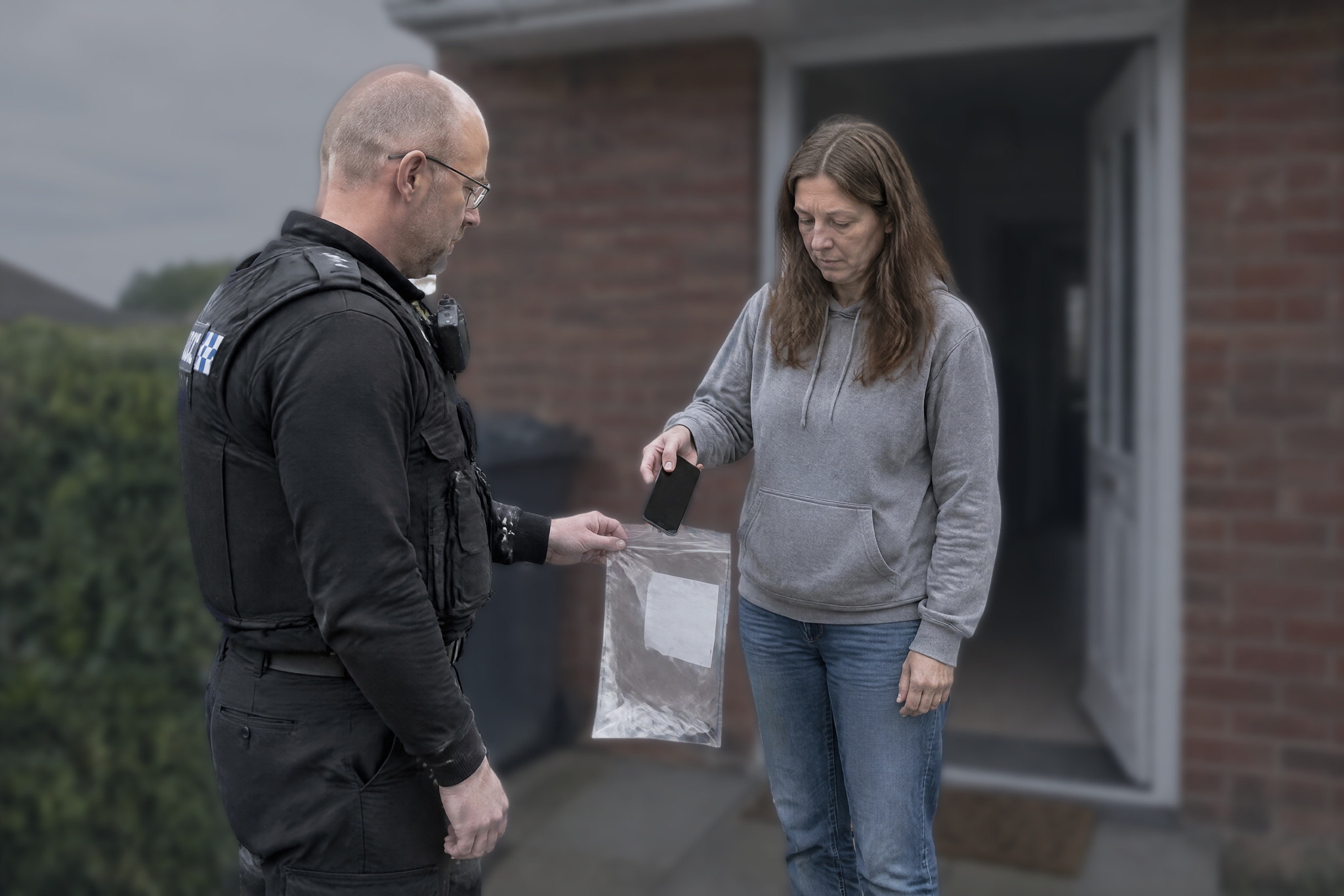 Officer seizing a woman's phone during a Public order investigation