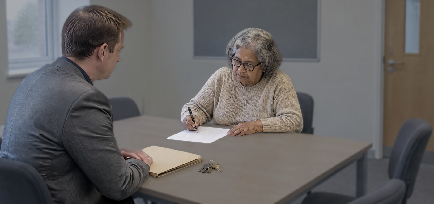 Woman signing a statutory declaration with her solicitor to reopen old conviction