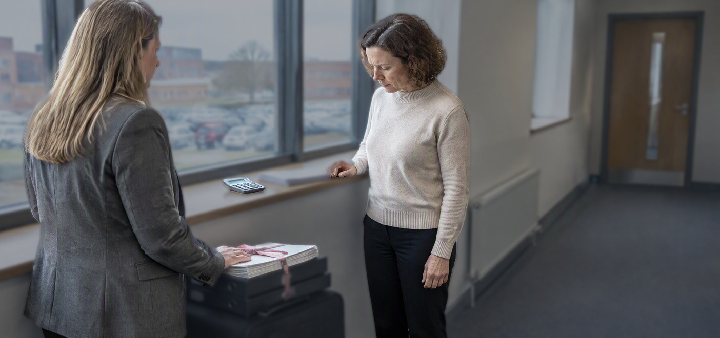 Solicitor and client reviewing case papers discussing a restraint order
