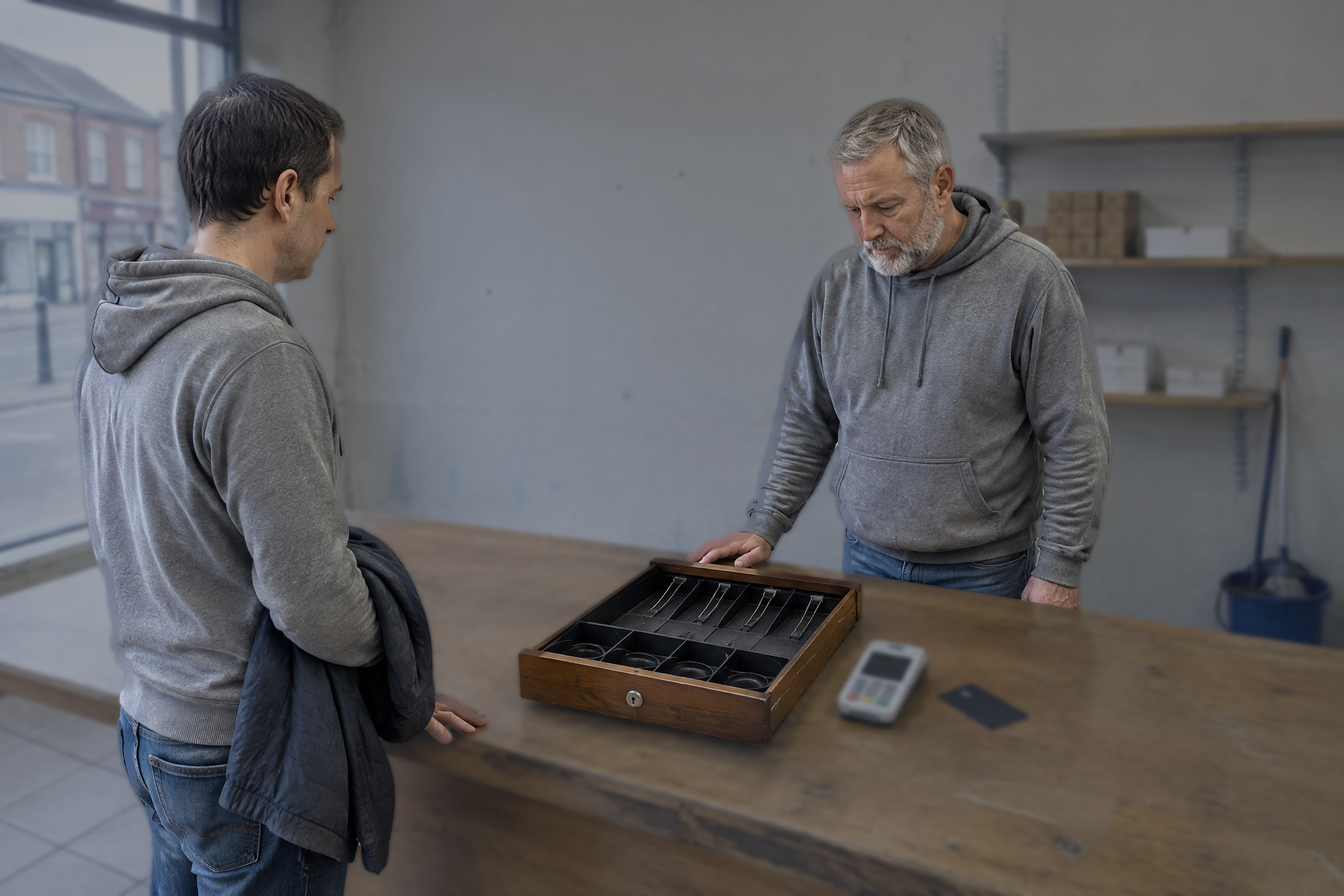 Men looking at an empty shop till drawer after a restraint order froze funds