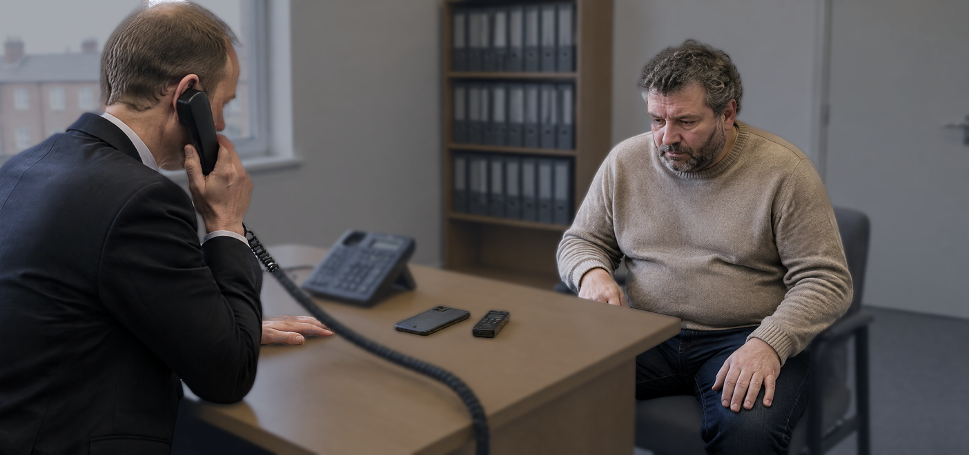 Solicitor on the phone beside a client during a sexual offence investigation