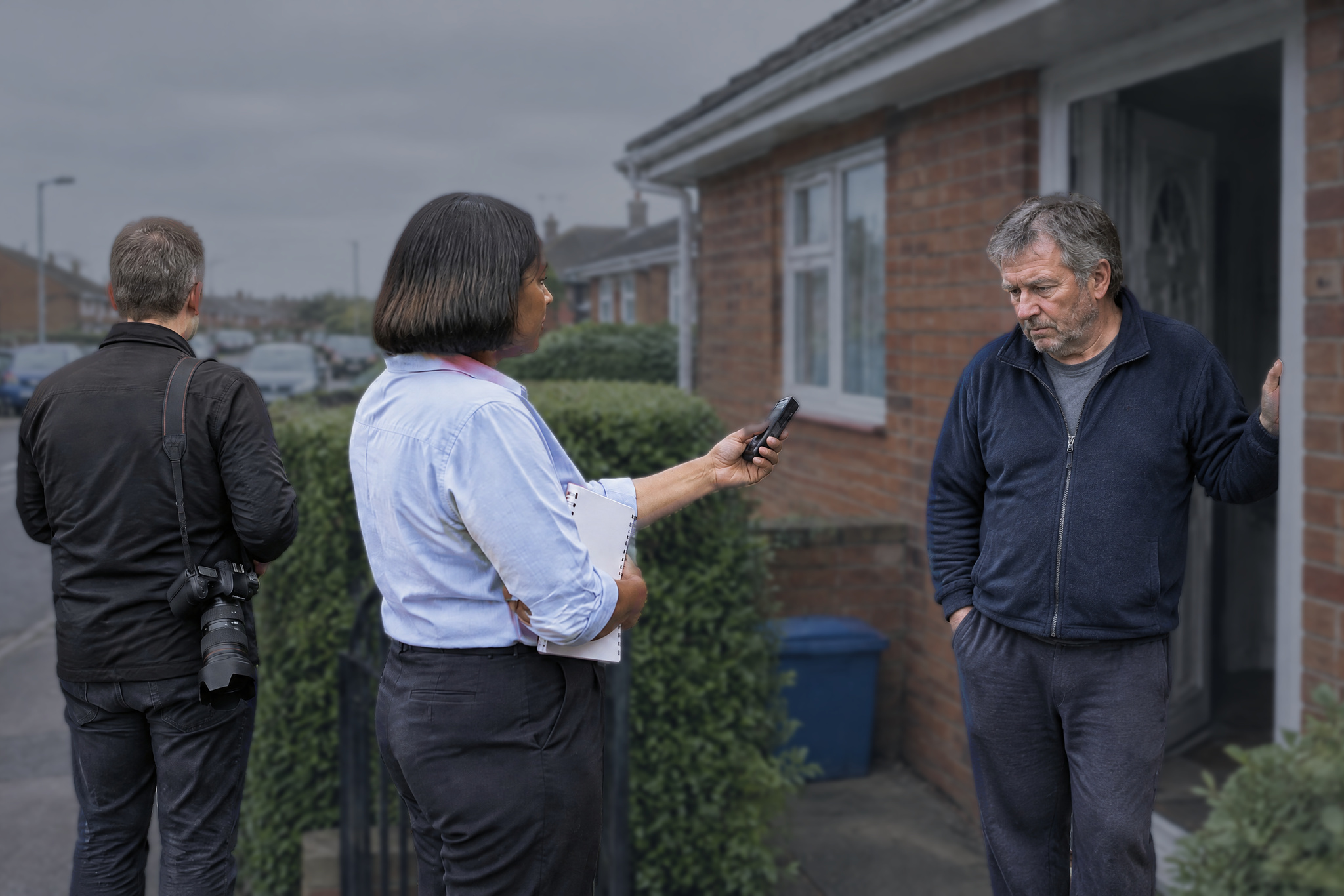 Journalist and photographer doorstepping a man over sexual offence allegation