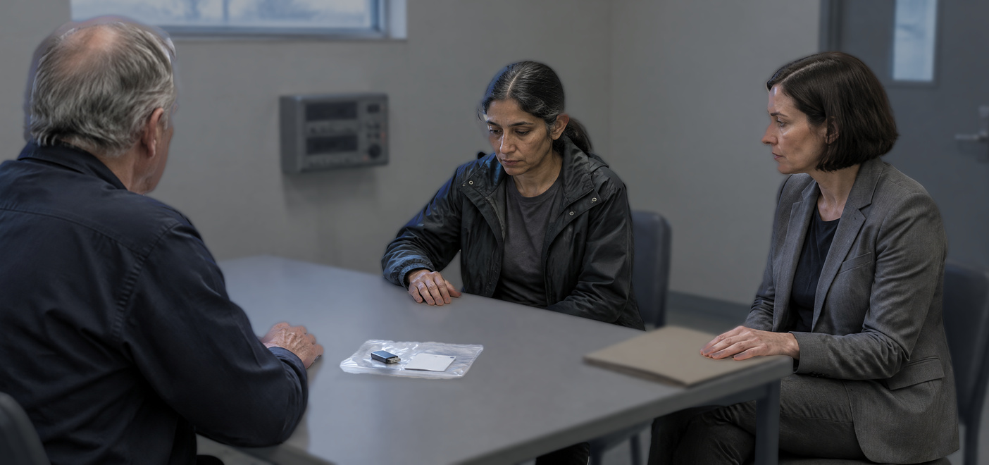 Suspect and solicitor in interview room during unauthorised access investigation