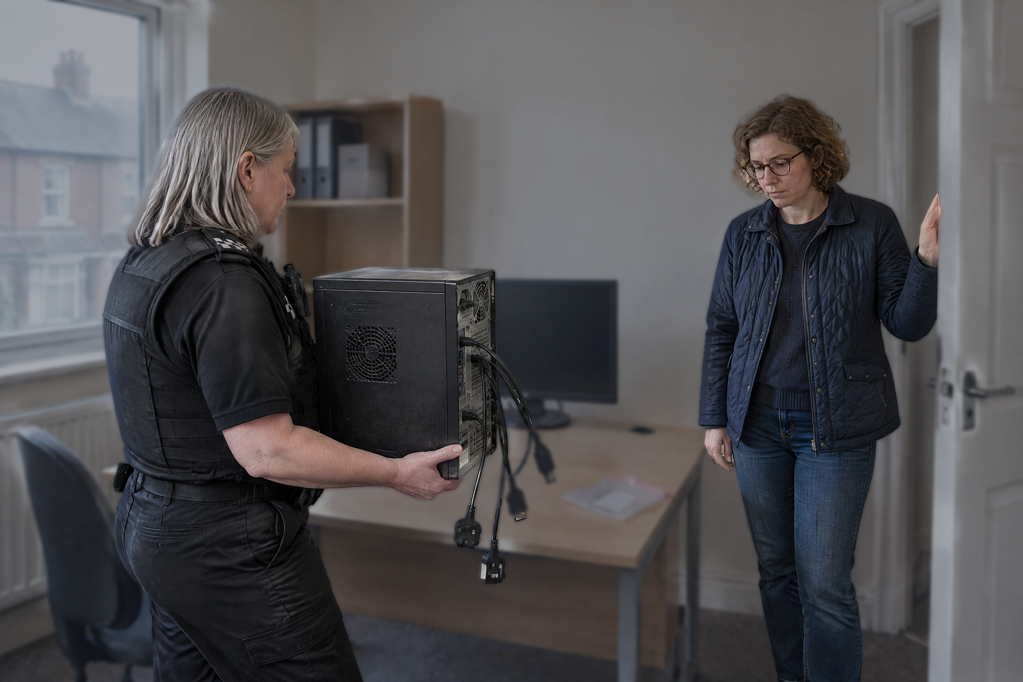 Officer seizing a desktop computer during an unauthorised access investigation