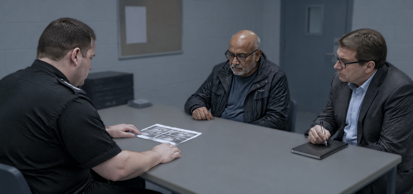Officer showing CCTV stills to a man during a violent disorder interview