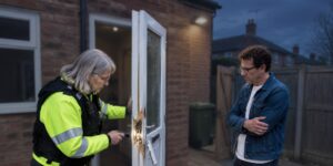 Police officer examining a damaged back door during darker nights