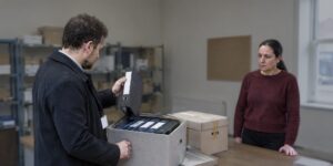 Investigator examining boxed company files as a director watches during a loan fraud inquiry