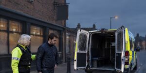 Officer leading a man to a police van outside a pub after violent disorder