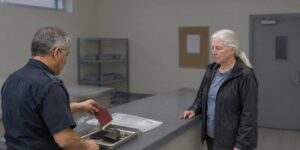 Officer taking passport at a custody desk from a woman arrested abroad