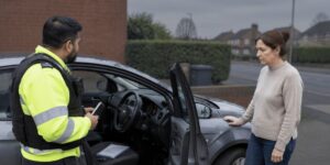 Officer taking notes beside a car while questioning a woman about Car Fraud