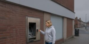 Woman inserting bank card facing banking restrictions from a CIFAS Marker