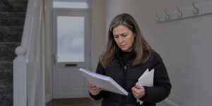 Woman reading paperwork revealing a CIFAS Marker on her file