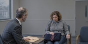 Solicitor advising a mother about joint trials with adults in a waiting room