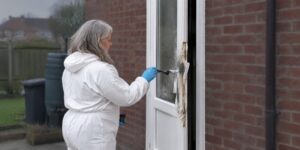 Forensic officer dusting a back door for fingerprints after bulgary at a house