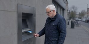 Man at a cash machine unable to withdraw money from a frozen account